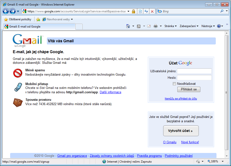 Úvodní stránka gmailu